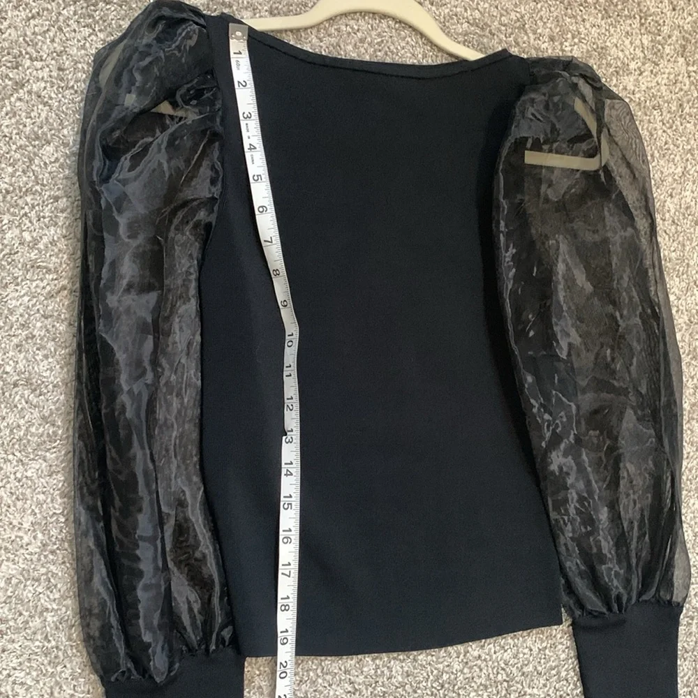 Alice and Olivia Abella Black Sheer Sleeve Puff Shoulder Long Sleeve Top - Picture 8 of 10